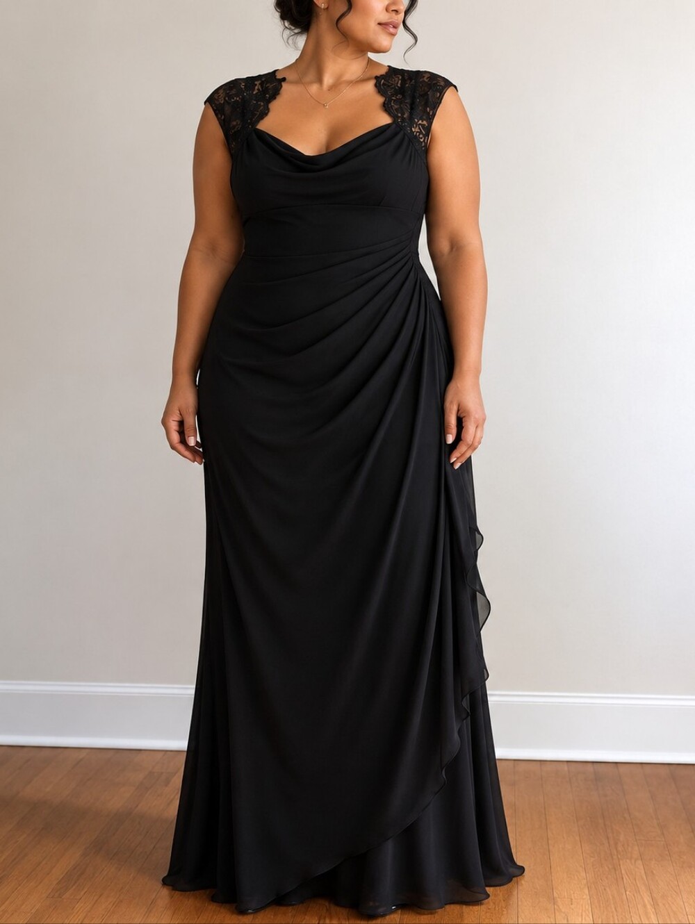 Long formal black gown with lace top and draped skirt size 18W